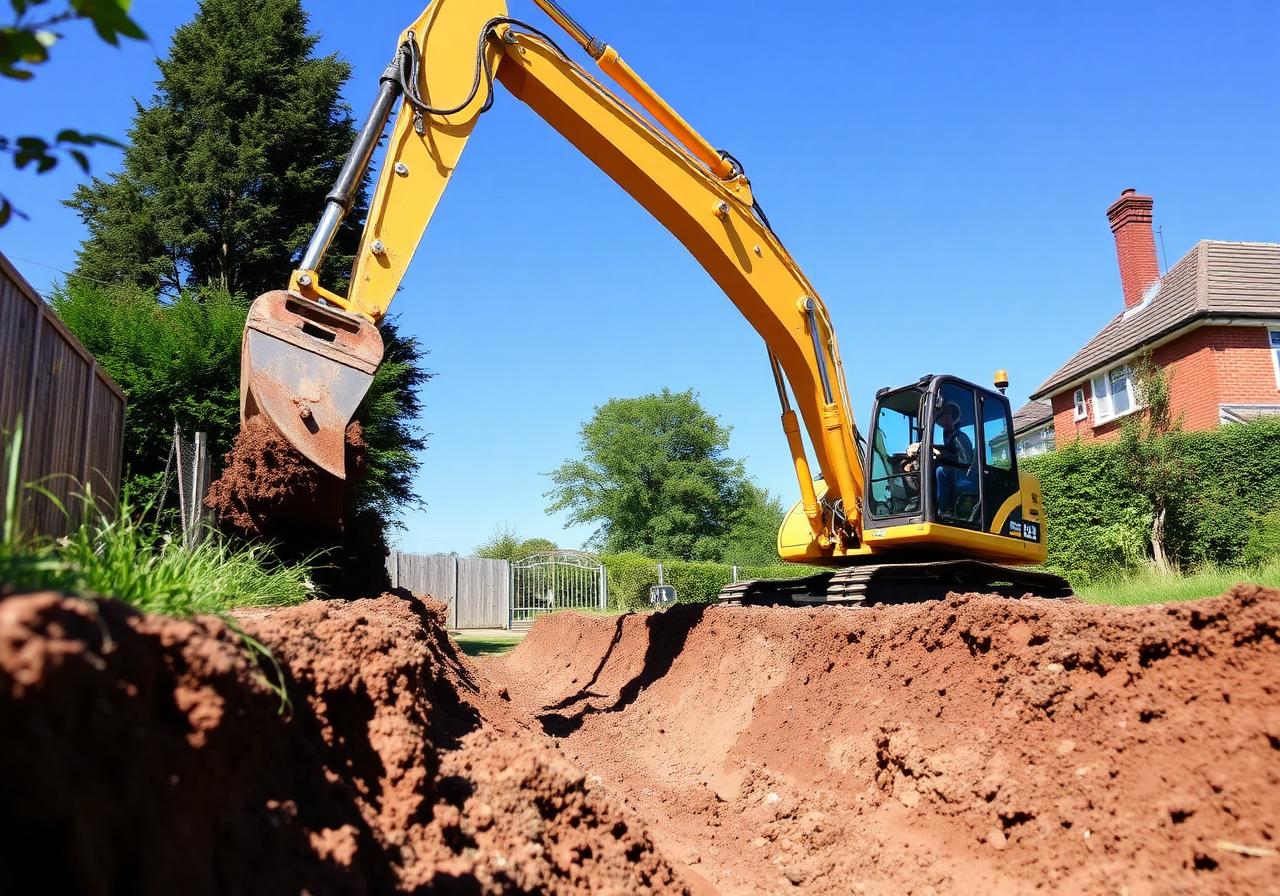 Excavator carrying out groundworks in a UK garden
