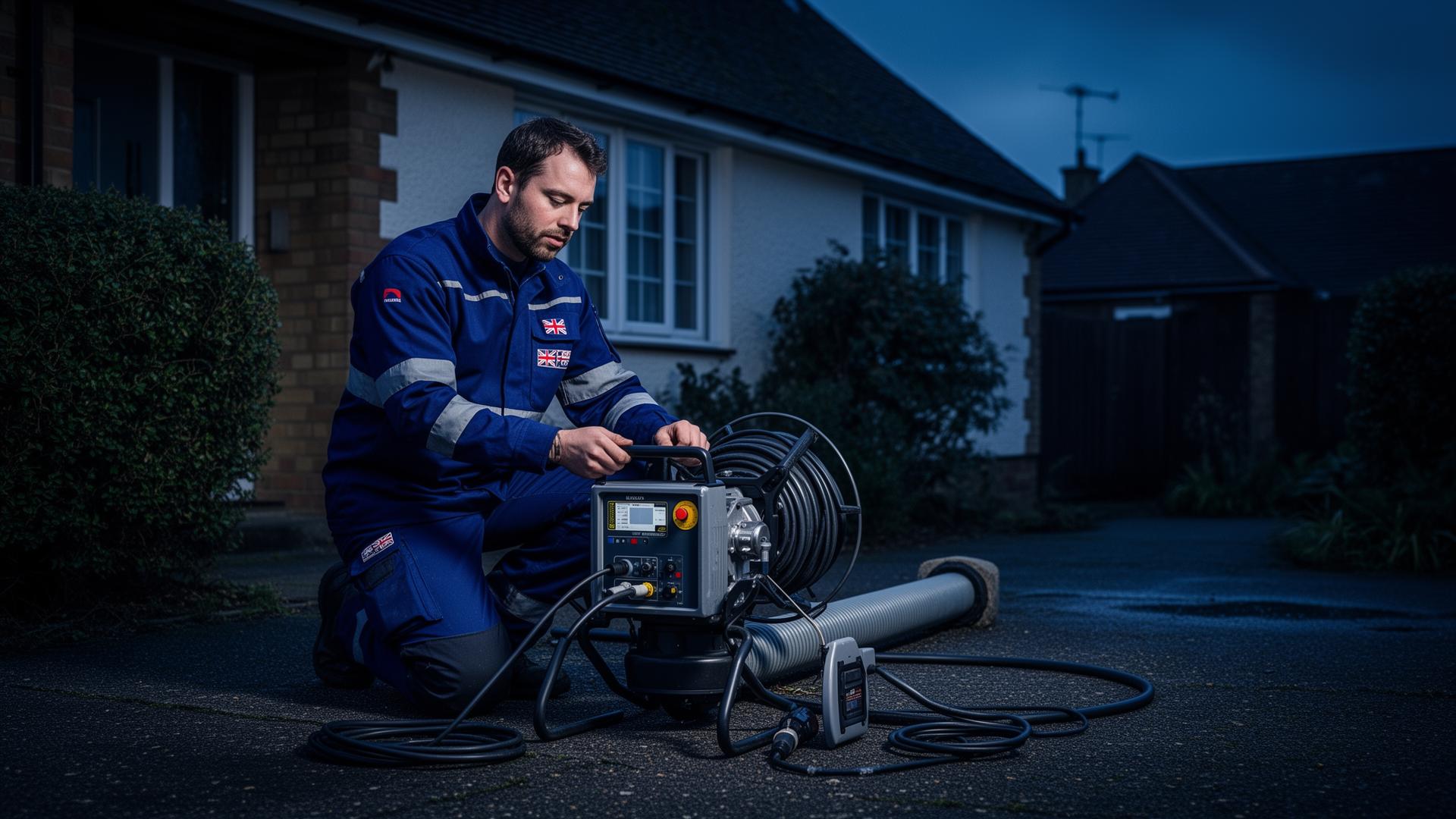 D.S Draincare engineer carrying out a CCTV drain survey at a UK home